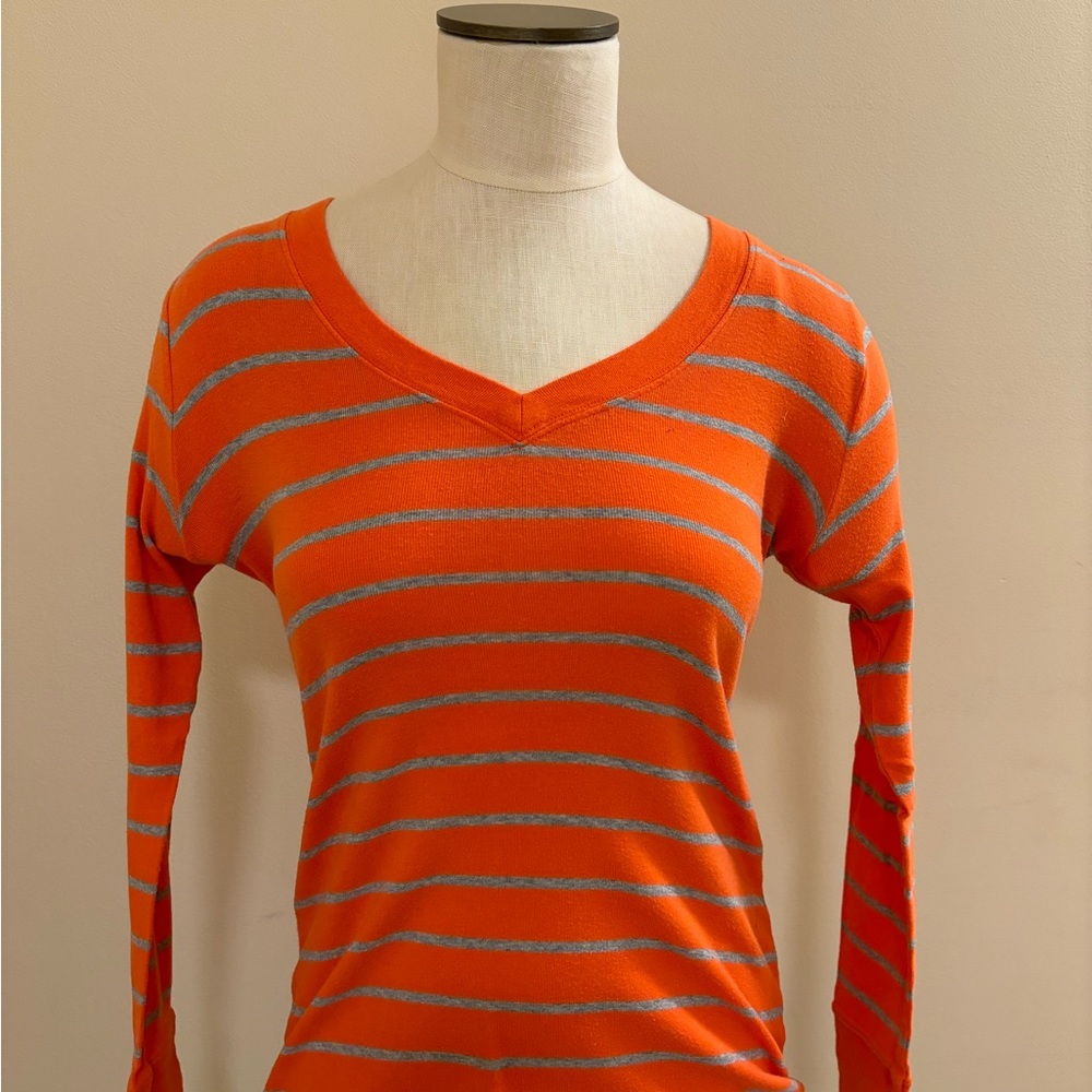 Gap Orange and Gray Striped V-Neck Top